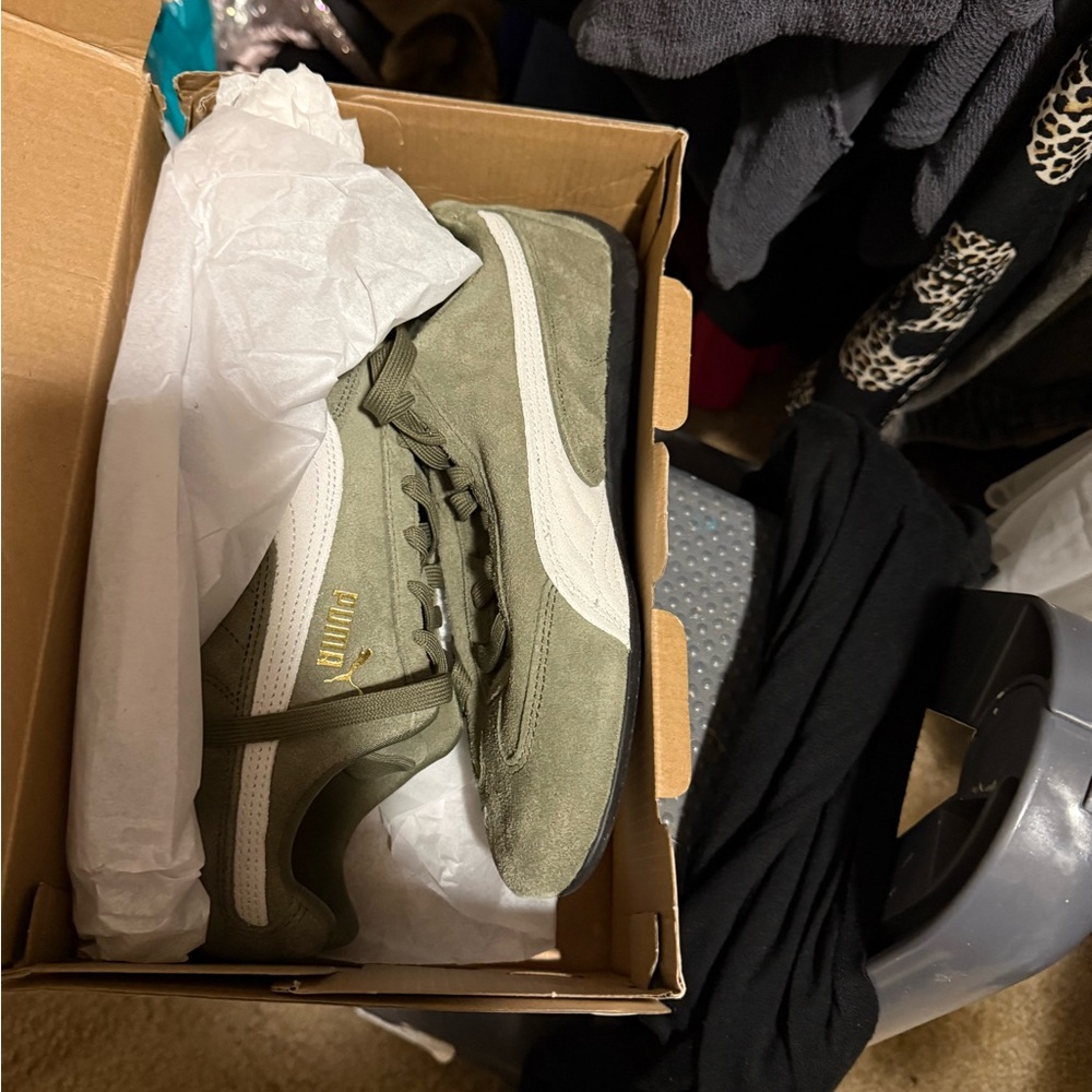 Puma Olive Green and White Suede Sneakers